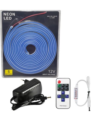 Powerr Led Aydınlatma 5 Metre 12 Volt 6X12 mm Esnek Mavi Neon LED 12A Tek Renk Kumandalı Rf Dimmer 3A Plastik Adaptör Set