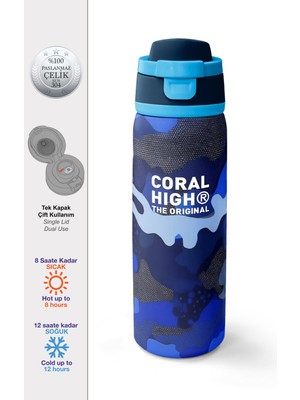 Coral High Lacivert Saks Kamuflaj Desenli Pipetli ve Direkt Içim Çelik Termos 800 ml 38549