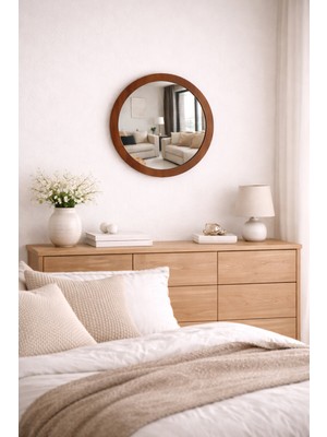 Digital Hayat 36 CM Doğal Ceviz Ahşap Çerçeveli Yuvarlak Ayna - Antre Hol Banyo Mutfak Salon Wc Aynası