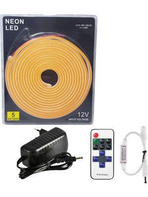 Powerr Led Aydınlatma 5 Metre 12 Volt 6X12 mm Esnek Amber Neon LED 12A Tek Renk Kumandalı Rf Dimmer 3A Plastik Adaptör Set