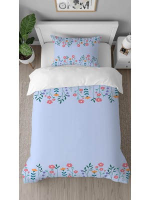 Greendecor Çiçekler Sade Mavi Mor Desenli Baskılı Özel Tasarımlı Çarşafsız Tek Kişilik Tarz Şık Nevresim Takımı