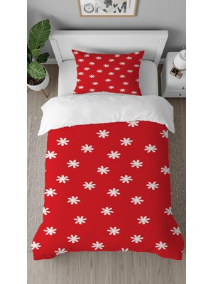 Greendecor Papatya Çiçek Kırmızı Beyaz Desenli Baskılı Özel Tasarımlı Çarşafsız Tek Kişilik Şık Nevresim Takımı