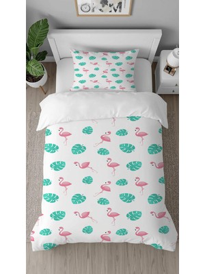 Greendecor Flamingo Yaprak Sade Desenli Baskılı Özel Tasarımlı Çarşafsız Tek Kişilik Tarz Şık Nevresim Takımı