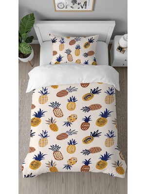 Greendecor Ananas Meyve Desenli Baskılı Özel Tasarımlı Çarşafsız Tek Kişilik Renkli Tarz Şık Nevresim Takım