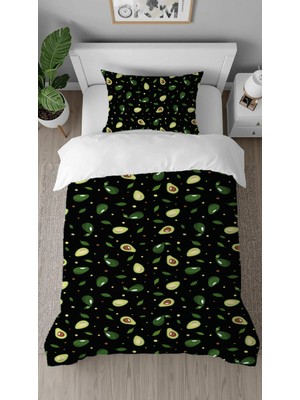 Greendecor Avakado Yaprak Yeşil Desenli Baskılı Özel Tasarımlı Çarşafsız Tek Kişilik Modern Şık Nevresim Takım