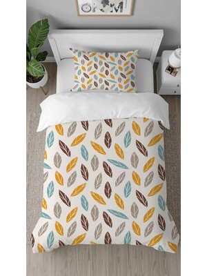 Greendecor Yapraklar Bohem Krem Desenli Baskılı Özel Tasarım Çarşafsız Tek Kişilik Tarz Şık Nevresim Takımı