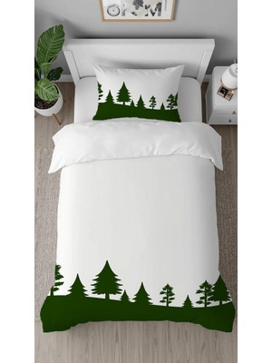 Greendecor Doğa Orman Çam Ağacı Desenli Baskılı Özel Tasarımlı Çarşafsız Tek Kişilik Tarz Şık Nevresim Takımı