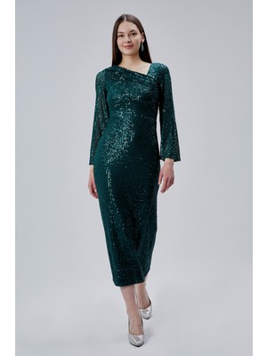 Asees Asimetrik Yaka Korsajlı Uzun Kollu Payet Abiye Elbise