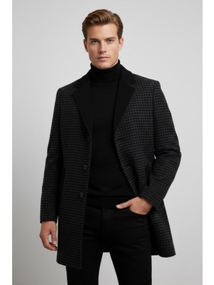 Uki Siyah Kaşe Dik Yaka Kaban