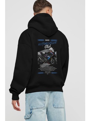 Ankhises Motosiklet Serisi 1 Arka Baskılı Siyah Oversize Kapüşonlu Sweatshirt Erkek Kadın