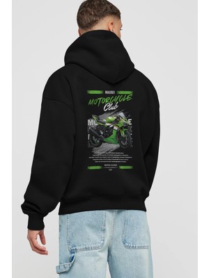 Ankhises Motosiklet Serisi 15 Arka Baskılı Siyah Oversize Kapüşonlu Sweatshirt Erkek Kadın