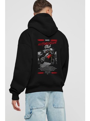 Ankhises Motosiklet Serisi 8 Arka Baskılı Siyah Oversize Kapüşonlu Sweatshirt Erkek Kadın