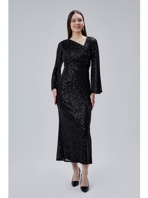 Asees Asimetrik Yaka Korsajlı Uzun Kollu Payet Abiye Elbise