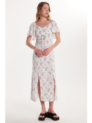 Tudors Kadın Standart Fit Bağlama Detaylı Desenli Viskon Yırtmaçlı Elbise