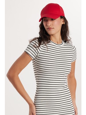 Tudors Kadın Slim Fit Dar Kesim Kısa Kollu Bisiklet Yaka Çizgili Elbise