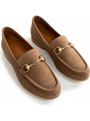 Ne&Ve Shoes Süet Hakiki Deri Gold Zincir Aksesuarlı Kadın Loafer Ayakkabı
