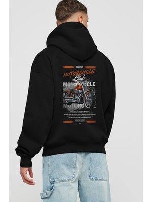 Ankhises Motosiklet Serisi 34 Arka Baskılı Siyah Oversize Kapüşonlu Sweatshirt Erkek Kadın
