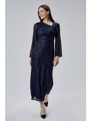 Asees Asimetrik Yaka Korsajlı Uzun Kollu Payet Abiye Elbise