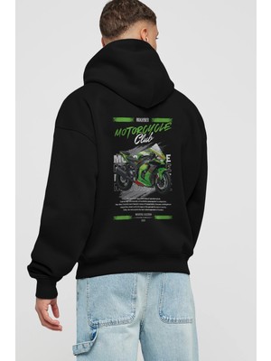 Ankhises Motosiklet Serisi 14 Arka Baskılı Siyah Oversize Kapüşonlu Sweatshirt Erkek Kadın