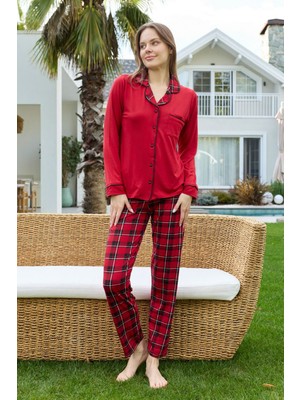 Remsa Kadın Ekose Desenli Önü Düğmeli Yumuşak Milan Kumaş Pijama Takımı 250352 Kırmızı