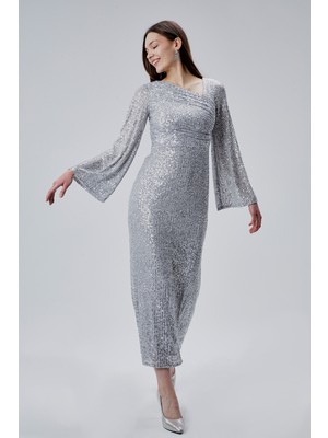 Asees Asimetrik Yaka Korsajlı Uzun Kollu Payet Abiye Elbise