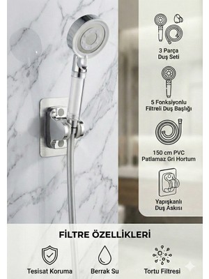 Plodna House Beyaz Çelik Filtreli Duş Seti 5 Fonksiyonlu 150 cm PVC Gri Hortum ile Su Tasarrufu