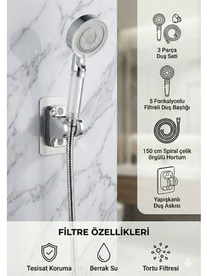Plodna House Beyaz Çelik 5 Fonksiyonlu Duş Seti Filtreli 150 cm Çelik Örgülü Hortum ile Modern Tasarım