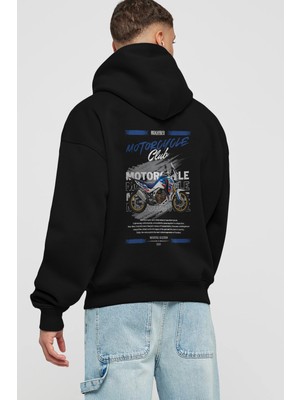 Ankhises Motosiklet Serisi 23 Arka Baskılı Siyah Oversize Kapüşonlu Sweatshirt Erkek Kadın