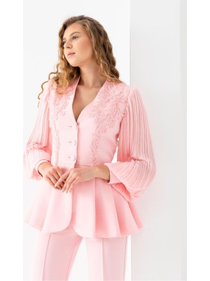Vuntal Dantel Işlemeli Volanlı Ceket Ikili Takım Elbise