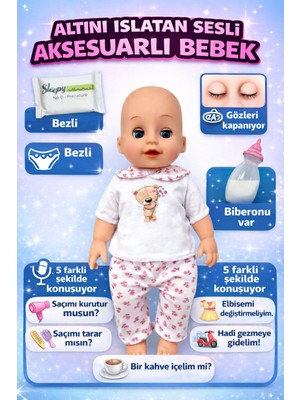 Yıldırım Oyuncak Altını Islatan 6 Farklı Cümle Konuşabilen Bez ve Biberon Aksesuarlı Gerçekçi Oyuncak Bebek