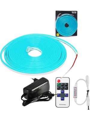 Powerr Led Aydınlatma 5 Metre 12 Volt 6X12 mm Esnek Turkuaz Neon LED 12A Tek Renk Kumandalı Rf Dimmer 3A Plastik Adaptör Set