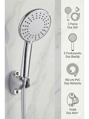 Plodna House 5 Fonksiyonlu Büyük Boy Krom Duş Başlığı 150 cm Pvc Dayanıklı Hortumlu Mafsallı Duş Seti