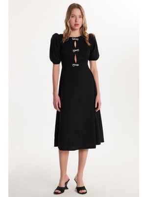 Tudors Kadın Regular Fit Balon Kol Bisiklet Yaka Bağlama Detaylı Siyah Elbise