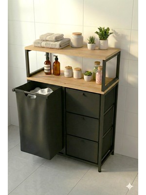 Miyuhome 3 Çekmeceli Metal Kızaklı Çamaşır Sepeti 40 Lt Kirli Sepeti 2 Raflı Banyo Dolabı Kirli Sepeti