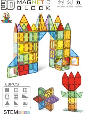 ToyznKidz 88 Parça Dekoratif Manyetik Yapı Blokları-Stem Eğitici Karo Oyun Seti (7.5 Cm)