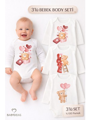 Babyden's 3’lü Bebek Body Seti %100 Pamuk Uzun Kollu Sevgili Temalı Ayıcık Baskılı Yenidoğan,bebek Body
