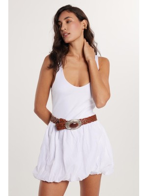 Tudors Kadın Slim Fit Dar Kesim Ince Askılı Balon Etek Beyaz Elbise