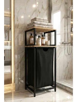 Miyuhome Büyük Boy Ahşap Raflı Metal Kızaklı Çamaşır Sepeti 2 Raflı Kirli Sepeti Büyük Boy 40 Lt Kirli Sepeti