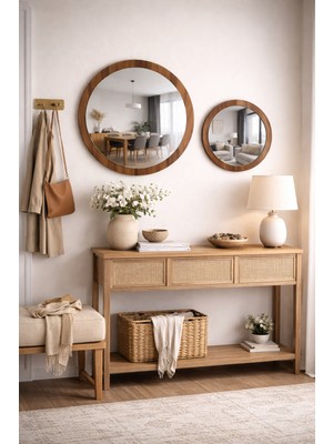 Digital Hayat 2'li Masif Ahşap Yuvarlak Ayna Seti (50+36 Cm) - Doğal Ceviz Çerçeveli Duvar Aynası Kombini