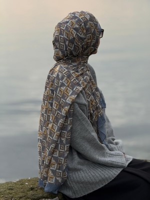 Qalortex Scarf Bambu Crash Şal-Labirent Desen-Indigo