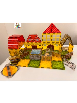 ToyznKidz 65 Parça Çiftlik Evi Temalı Manyetik Yapı Blokları-Steam Eğitici Karo Oyun Seti (7.5 Cm)