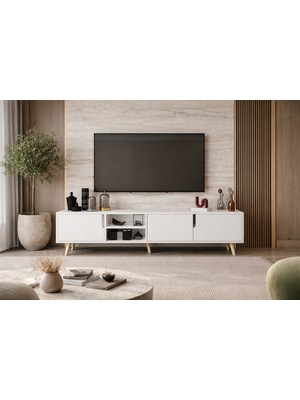 VM VERTEX MOBİLYA Latina Ahşap Ayaklı Tv Ünitesi Tv Sehpası 180 cm Safir Meşe - Beyaz