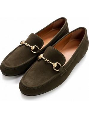 Ne&Ve Shoes Süet Hakiki Deri Gold Zincir Aksesuarlı Kadın Loafer Ayakkabı