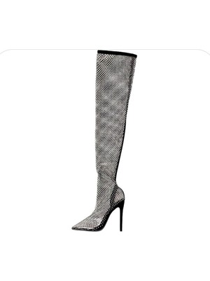 AGM Seksi Sivri Burunlu Yüksek Topuklu Ayakkabı, Elmas Işlemeli Fileli Diz Üstü Çizme,  Topuklu Çizme , Parıltılı Mezuniyet Çizmesi, Siyah Çizme , Abiye Çizme