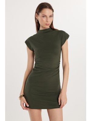 Tudors Kadın Modal Kumaş Standart Fit Truvakar Kol Bisiklet Yaka Haki Elbise