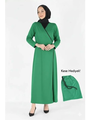 Plistre 1998_PRATIK Yandan Bağlamalı Kruvaze Biye Kuşaklı %100 Pamuk Kumaş Tesettür Namaz Elbisesi