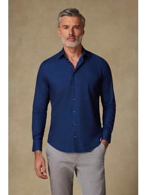 Abbate Donatello Denim Pamuklu Slim Fit Koyu Mavi Klasik Yaka Erkek Düz Gömlek
