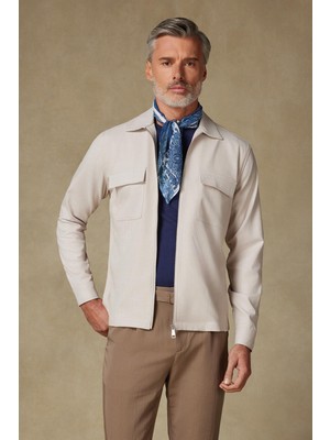 Abbate Verso Twill Overshirt Polyviskon Karışımlı Overshirt Fit Bej Klasik Yaka Erkek Çizgili Gömlek