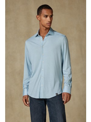 Abbate Lorenzo Jersey Viskon Karışımlı Comfort Fit Mavi Klasik Yaka Erkek Düz Gömlek
