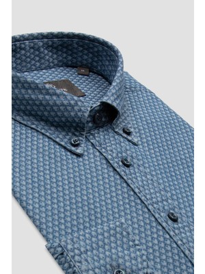 Abbate Natte Denim Pamuklu Comfort Fit Açık Mavi Düğmeli Yaka Erkek Desenli Gömlek